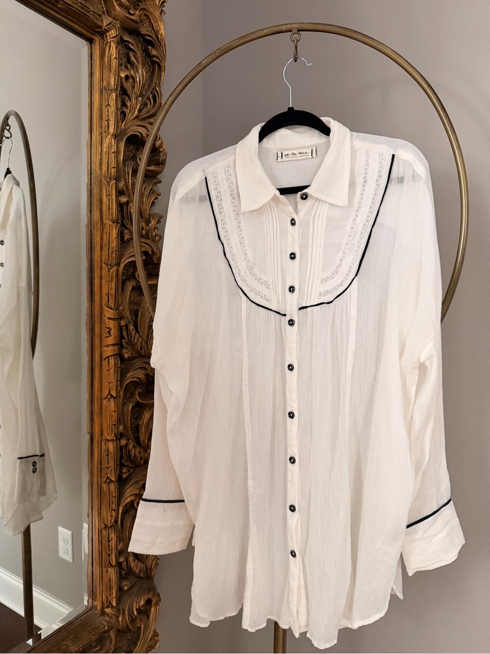 Free People We The Free White Button-Down Shirt with Black Trim